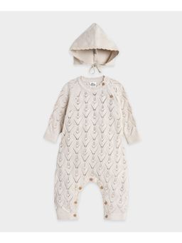 Mi Arcus - Girls Knitted Cream Romper With Floral Embroidery Cap