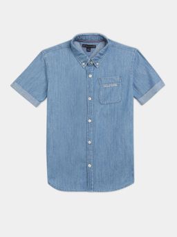 Tommy Hilfiger - Boys Blue Solid Regular Fit Cotton Shirt
