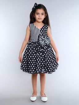 Pink Chick - Black Cotton Striped And Polka Dots Printed Dress With Hair Clip