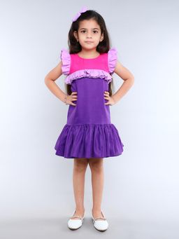 Pink Chick - Purple Cotton Frill Sleeves Colorblock A-Line Dress With Hair Clip
