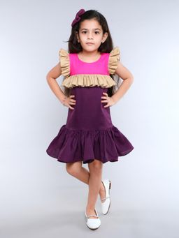 Pink Chick - Burgundy Cotton Frill Sleeves Colorblock A-Line Dress With Hair Clip