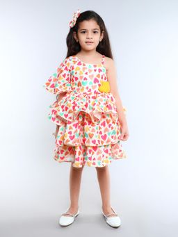 Pink Chick - White Cotton One Shoulder Hearts Printed Layered Dress With Hair Clip