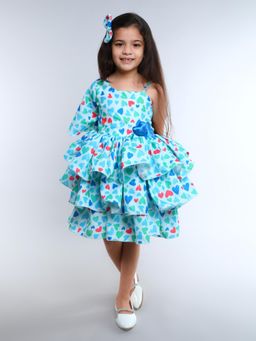 Pink Chick - Blue Cotton One Shoulder Hearts Printed Layered Dress With Hair Clip