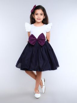Pink Chick - Navy Blue Cotton Colorblock Bow Applique Dress With Hair Clip