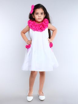 Pink Chick - White Cotton Solid Sleeveless Flared Dress With Hair Clip
