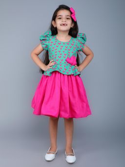 Pink Chick - Green Cotton Puff Sleeves Heart Printed Peplum Dress With Hair Clip