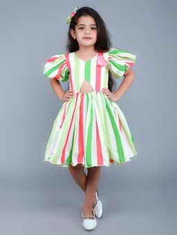 Pink Chick - Green Cotton Puff Sleeves Striped Printed Dress With Bow Clip