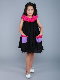 Pink Chick - Black Cotton Solid Sleeveless Flared Dress With Hair Clip