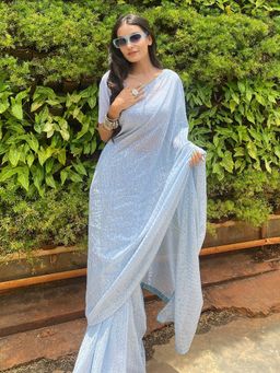 Odette - Grey Sequin Georgette Saree with Unstitched Blouse