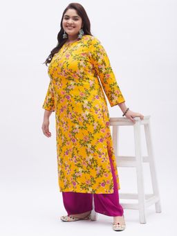 Gahan - Womens Plus Size Yellow & Pink Floral Printed Kurta with Palazzo