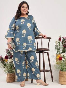 Gahan - Womens Plus Size Pure Cotton Grey Floral Co-Ord Set