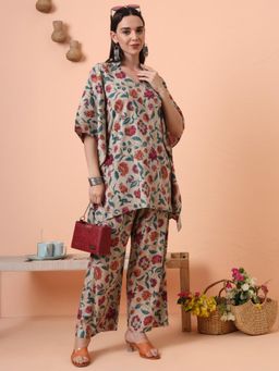 Gahan - Womens Beige Floral Printed Kaftan Co-Ord Set