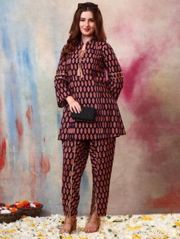 Gahan - Women Pure Cotton Dark Purple Floral Printed Co-Ord Set