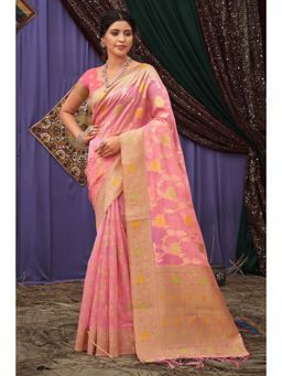 Sangam Prints - Pink Organza Woven Zari Work Traditional Tassel Saree with Unstitched Blouse