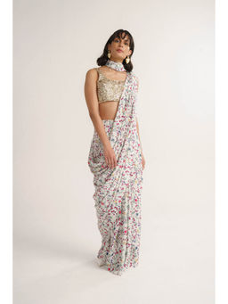 Vishala Shree - White Magnolia Pre-Draped Saree with Stitched Blouse