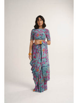 Vishala Shree - Blue Hydrangea Saree with Stitched Blouse