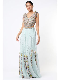 Payal Singhal - Powder Blue Georgette Embroidered Choli with Mukaish Sharara (Set of 2)