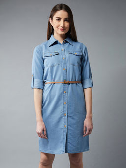 DOLCE CRUDO - Women Blue Polo Neck Denim Solid Buttoned A-Line Mini Dress