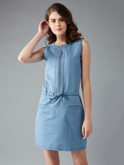 DOLCE CRUDO - Women Light Blue Round Neck Sleeveless Denim Solid Mini Shift Dress