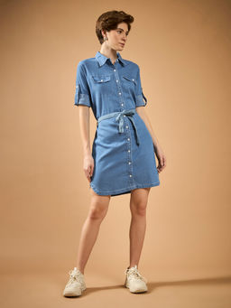 DOLCE CRUDO - Women Light Blue Round Neck Mini Belted Collared Denim Shirt Dress