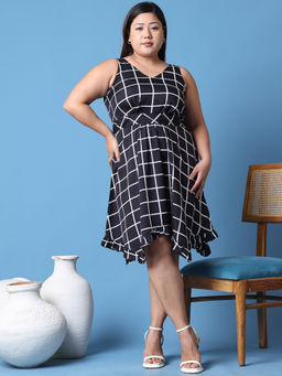 theRebelinme - Plus Size Women Black Checked Printed A-Line Dress
