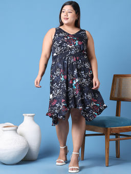 theRebelinme - Plus Size Women Black Floral Printed A-Line Dress