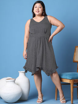 theRebelinme - Plus Size Women Black Geometric Printed A-Line Dress