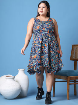 theRebelinme - Plus Size Women Blue Floral Printed A-Line Dress
