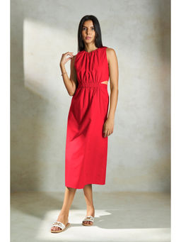 Virgio - Women Cotton Midi Solid Flared Red Sleeveless Dress