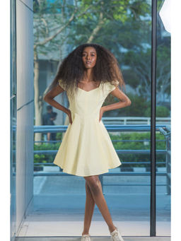 Virgio - Women Cotton Mini Checks A-Line Yellow Sleeveless Dress