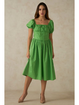 Virgio - Women Cotton Midi Solid Flared Green Puff Sleeves Dress