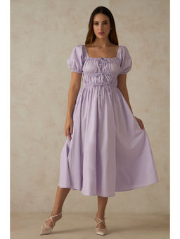 Virgio - Women Cotton Midi Solid Flared Purple Puff Sleeves Dress