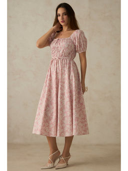 Virgio - Women Cotton Midi Solid Flared Pink Puff Sleeves Dress