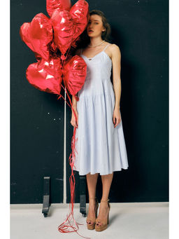 Virgio - Women Cotton Midi Embroidered Flared Blue Sleeveless Dress