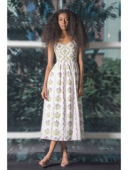 Virgio - Women Cotton Midi Ethnic Flared White Sleeveless Dress