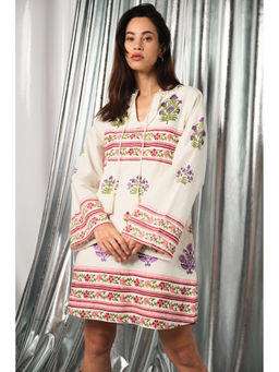 Virgio - Women Cotton Knee Length Ethnic Regular White Bell Sleeves Dress