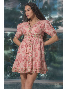 Virgio - Women Cotton Mini Ethnic Flared Peach Puff Sleeves Dress