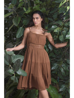 Virgio - Women Viscose Midi Solid Flared Brown Sleeveless Dress