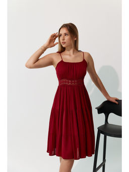 Virgio - Women Viscose Midi Solid Flared Maroon Sleeveless Dress