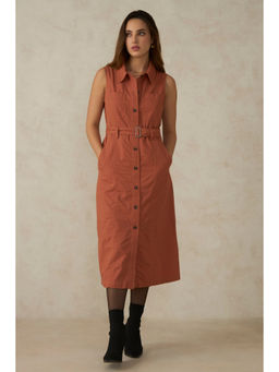 Virgio - Women Cotton Midi Solid Regular Rust Sleeveless Dress