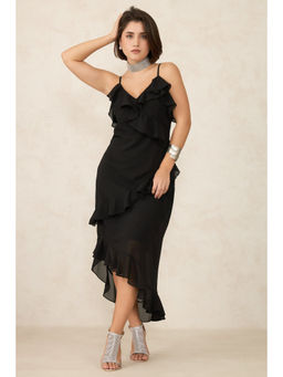 Virgio - Women Polyester Midi Solid Regular Black Sleeveless Dress