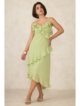 Virgio - Women Polyester Midi Solid Regular Green Sleeveless Dress