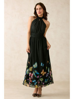 Virgio - Women Polyester Maxi Floral Flared Black Cape Dress