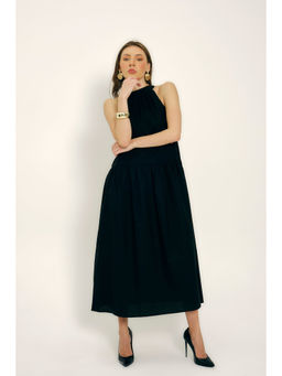 Virgio - Women Cotton Maxi Solid A-Line Black Sleeveless Dress