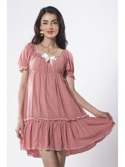 Virgio - Women Viscose Mini Solid Empire Pink Puff Sleeves Dress