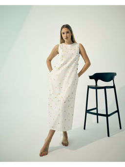 Virgio - Women Linen Blend Midi Floral Straight Yellow Sleeveless Dress