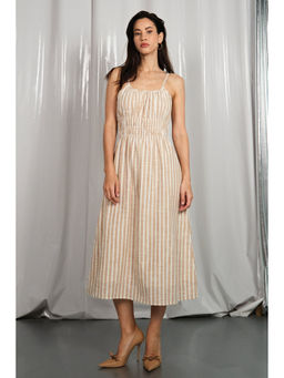 Virgio - Women Cotton Midi Stripes Flared Blue Sleeveless Dress