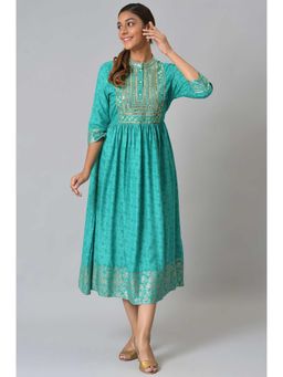 Aurelia - Aqua Green Embroidered Printed Dress