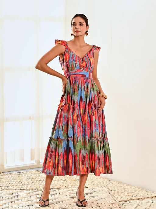 chinese dress ladies Ikat Print Multi Color Long Dress – The Pure Loom main image 0