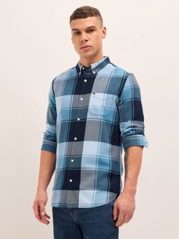 The Bear House - Mens Blue Slim Fit Checked Cotton Woven Casual Shirt